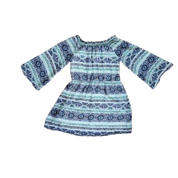 Alya Dress Mini Women's Small Blue & Teal 3/4 Bell Sleeve Boho - Picture 5 of 12